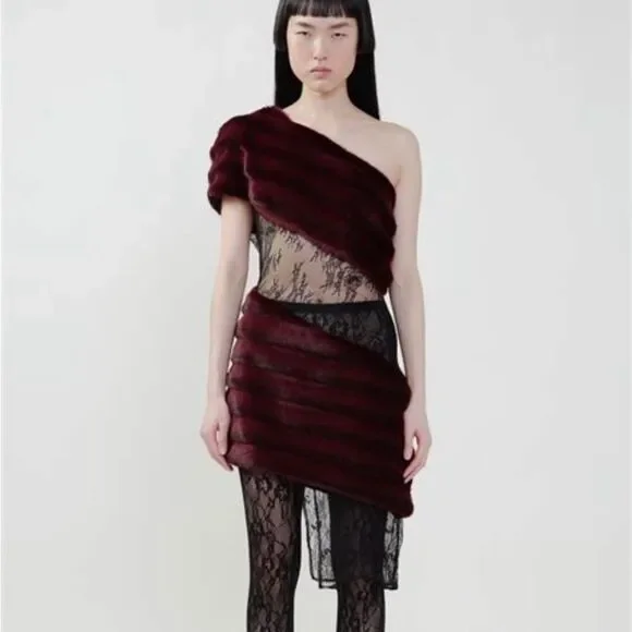 Kim Shui Aubergine Faux Fur Dress Deep Burgundy One-Shoulder mini Revolve M - Picture 2 of 13